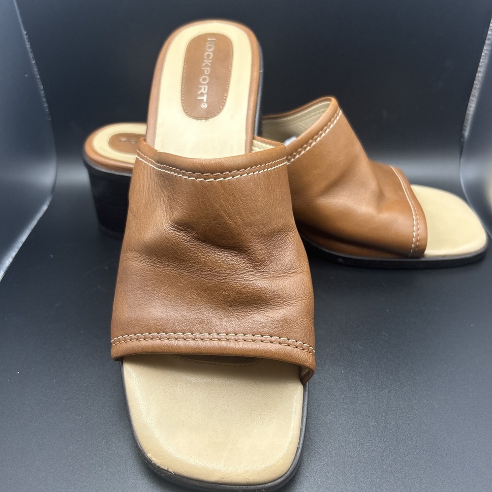 Rockport Shoes Womens Size 7.5 M Tan Leather Block Heel Slide Sandals Mules‎
